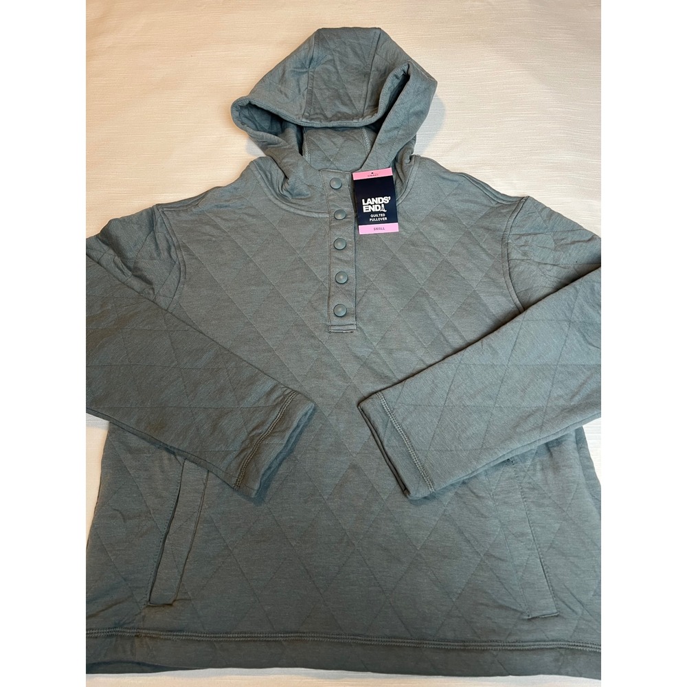 Lands End Quilted Pullover Hoodie Womens Small Sage Green Snap Neck New